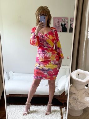 BRIGHT BOLD FLORAL PRINT LONG SLEEVE RUCHED DRESS YELLOW PINK PURPLE RED MESH
